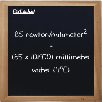 How to convert newton/milimeter<sup>2</sup> to millimeter water (4<sup>o</sup>C): 85 newton/milimeter<sup>2</sup> (N/mm<sup>2</sup>) is equivalent to 85 times 101970 millimeter water (4<sup>o</sup>C) (mmH2O)